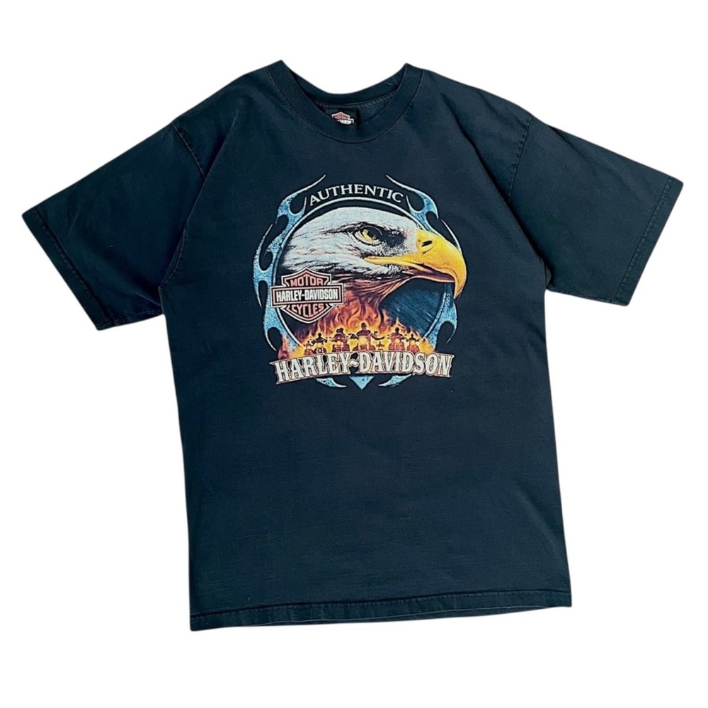 Harley Davidson Black Tee with Eagle and Flame Graphic